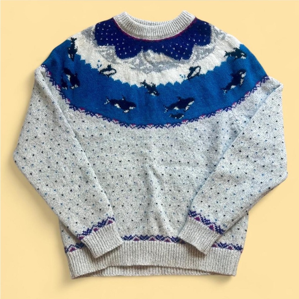 Woolrich Blue and Gray Crew Neck Vintage 80s Sweater with Nordic orca  Pattern